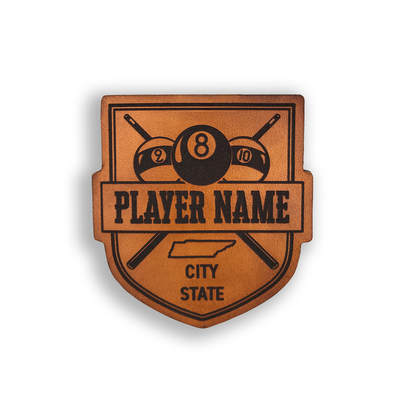 Custom Leather Billiards Crest Badge or Bag Tag
