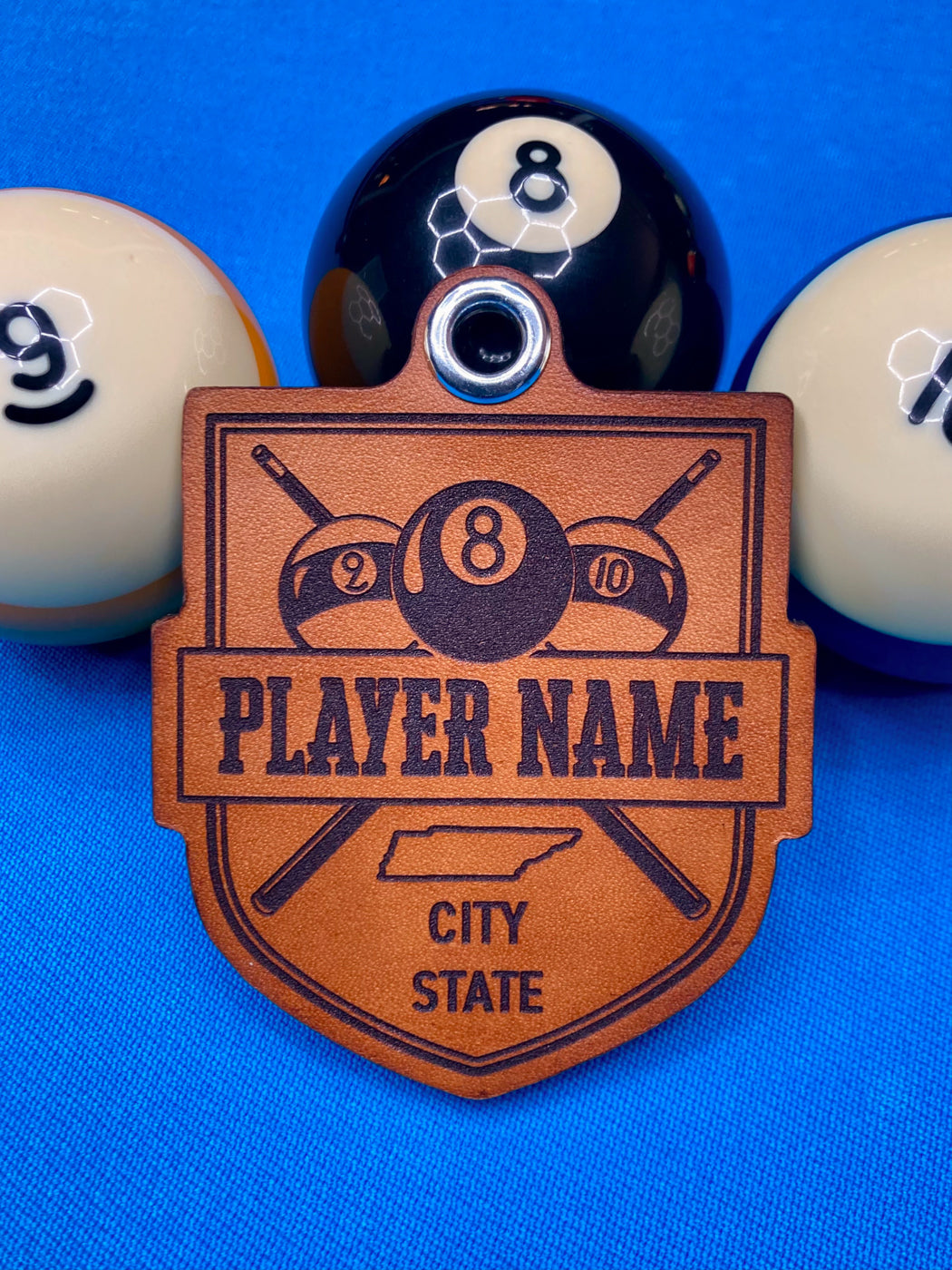 Custom Leather Billiards Crest Badge or Bag Tag